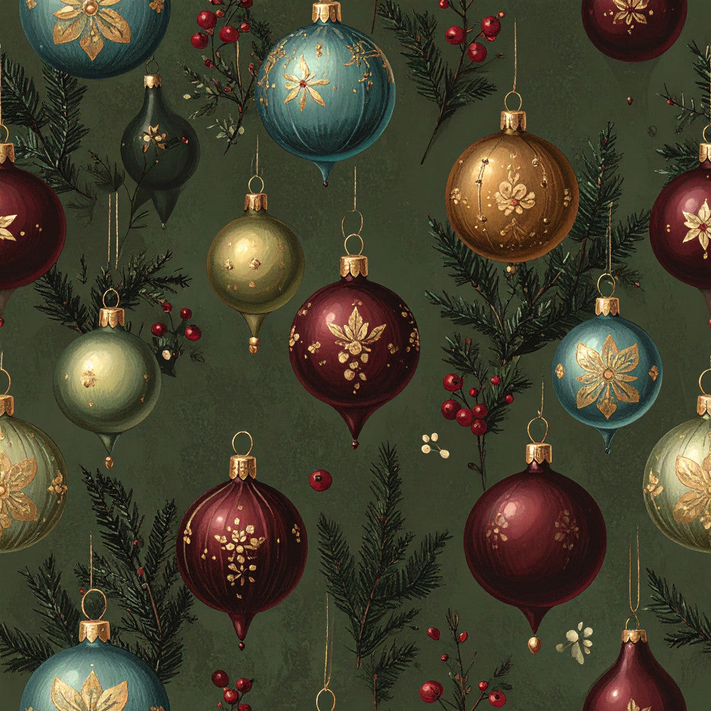 forest green, burgundy, deep red, gold, brass, teal blue, cream, vintage ornaments, christmas, holiday, festive, elegant, traditional, botanical, evergreen branches, berries, snowflakes, floral designs, luxury, ornamental, seasonal, winter, sophisticated, classic, decorative, victorian, metallic accents, nature-inspired