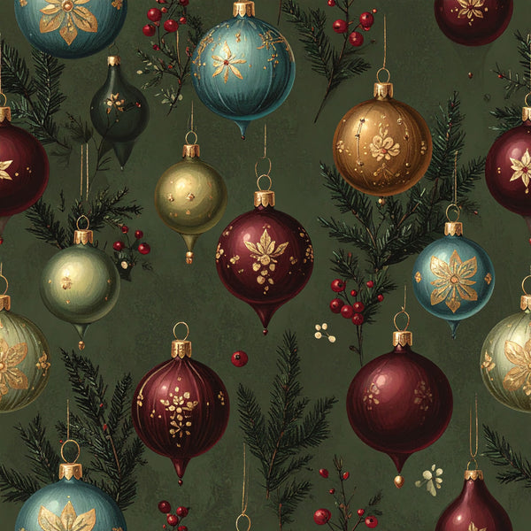 forest green, burgundy, deep red, gold, brass, teal blue, cream, vintage ornaments, christmas, holiday, festive, elegant, traditional, botanical, evergreen branches, berries, snowflakes, floral designs, luxury, ornamental, seasonal, winter, sophisticated, classic, decorative, victorian, metallic accents, nature-inspired