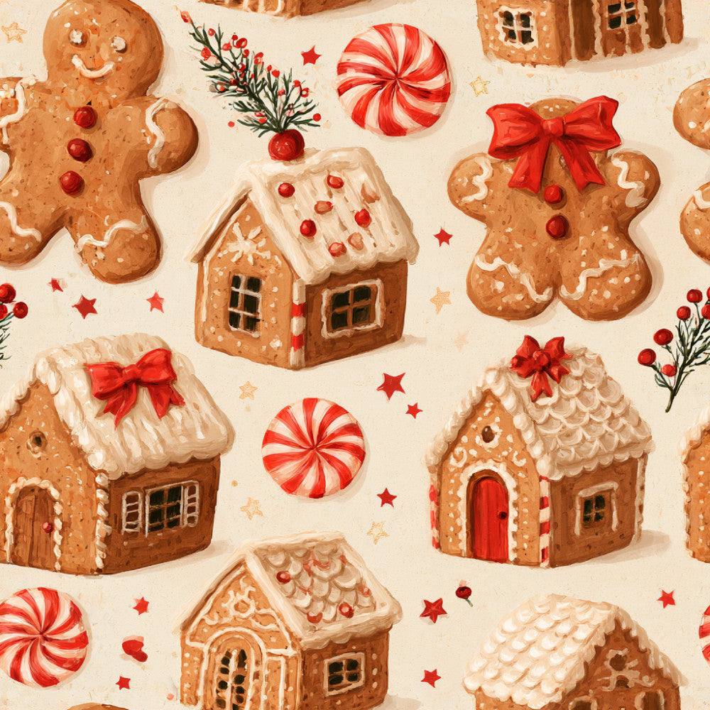 gingerbread, cream, red, white, peppermint candy, holiday, christmas, gingerbread house, gingerbread man, festive, whimsical, traditional, winter, red bow, candy cane, stars, berries, holly, icing details, sweet treats, bakery, vintage, nostalgic, kids, children, playroom, nursery, seasonal, december, celebration