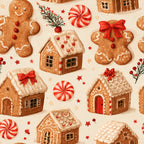 gingerbread, cream, red, white, peppermint candy, holiday, christmas, gingerbread house, gingerbread man, festive, whimsical, traditional, winter, red bow, candy cane, stars, berries, holly, icing details, sweet treats, bakery, vintage, nostalgic, kids, children, playroom, nursery, seasonal, december, celebration