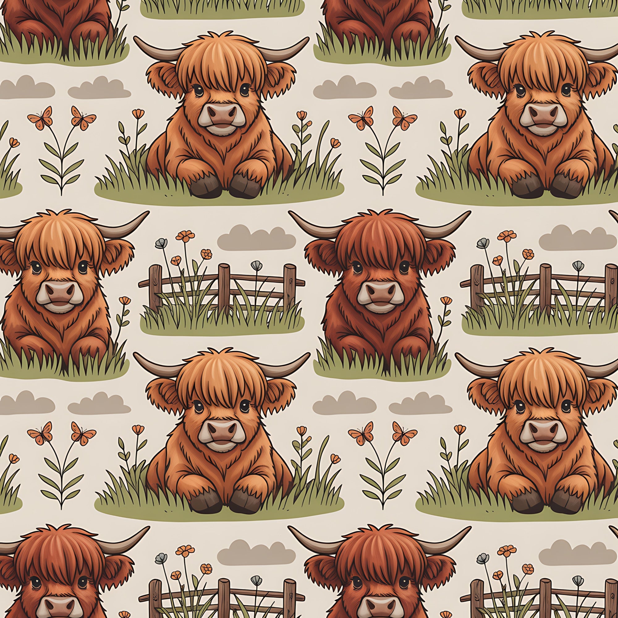 cartoon highland cows, orange fur, brown horns, pastoral scene, green grass, wooden fence, butterflies, wildflowers, clouds,, fabric panel, cute animals, farm theme, countryside, soft colors, beige background, repeating pattern, whimsical style, children's fabric, scottish cattle
