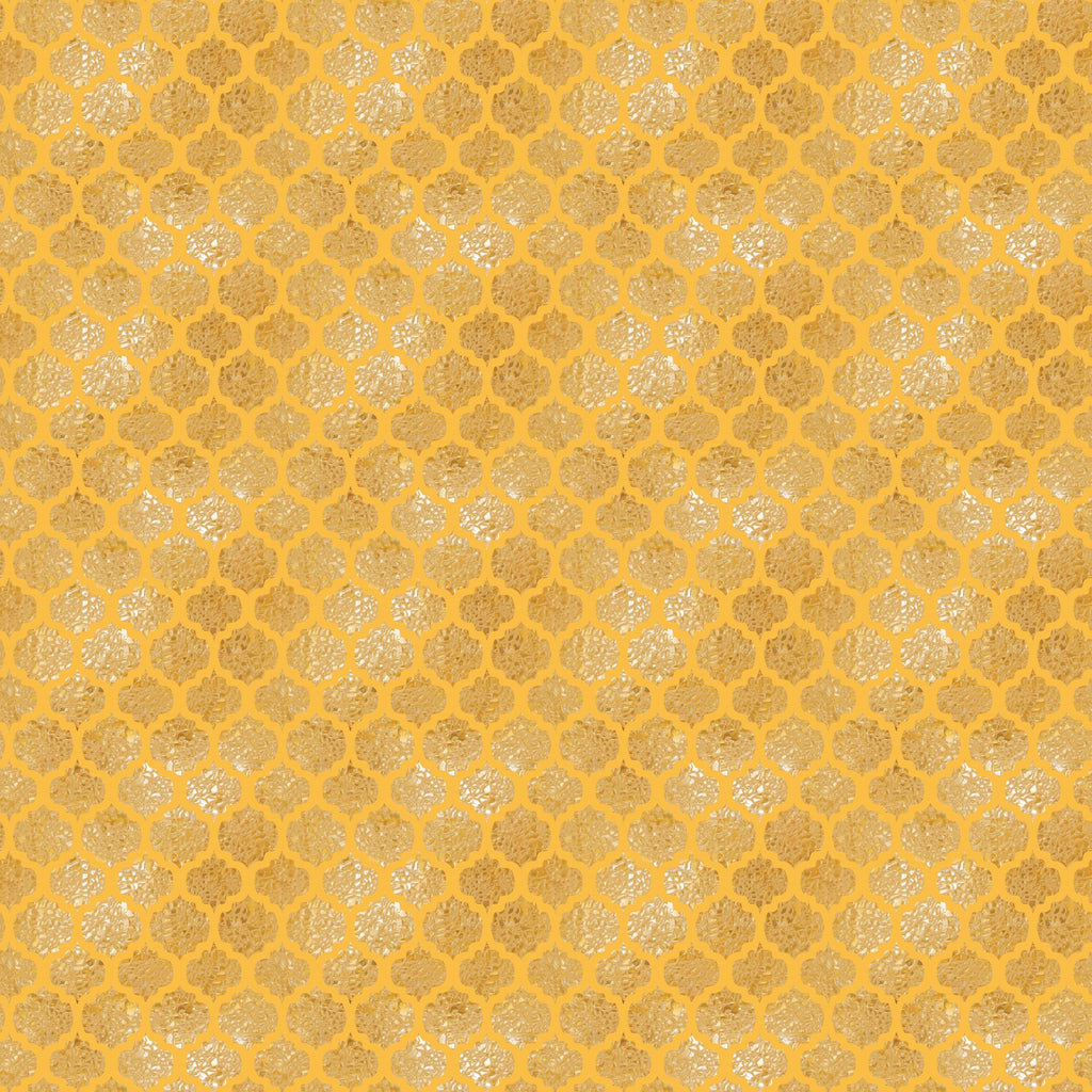golden yellow, mustard yellow, geometric pattern, quatrefoil design, moroccan motif, metallic gold, shimmery finish, repeating pattern, lattice design, ornate shapes,, fabric panel, luxurious appearance, decorative motifs, arabesque style, celebration theme, elegant pattern, textured surface, warm tones, sophisticated design