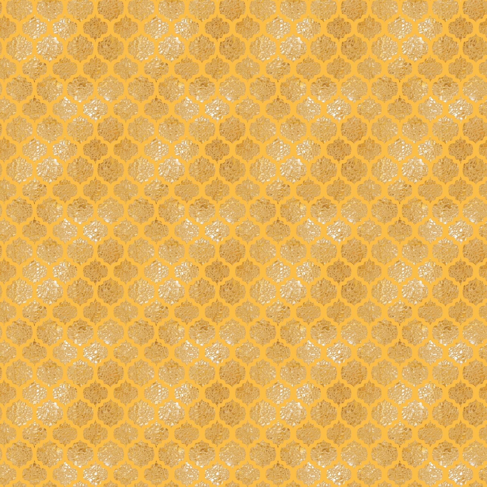 golden yellow, mustard yellow, geometric pattern, quatrefoil design, moroccan motif, metallic gold, shimmery finish, repeating pattern, lattice design, ornate shapes,, fabric panel, luxurious appearance, decorative motifs, arabesque style, celebration theme, elegant pattern, textured surface, warm tones, sophisticated design