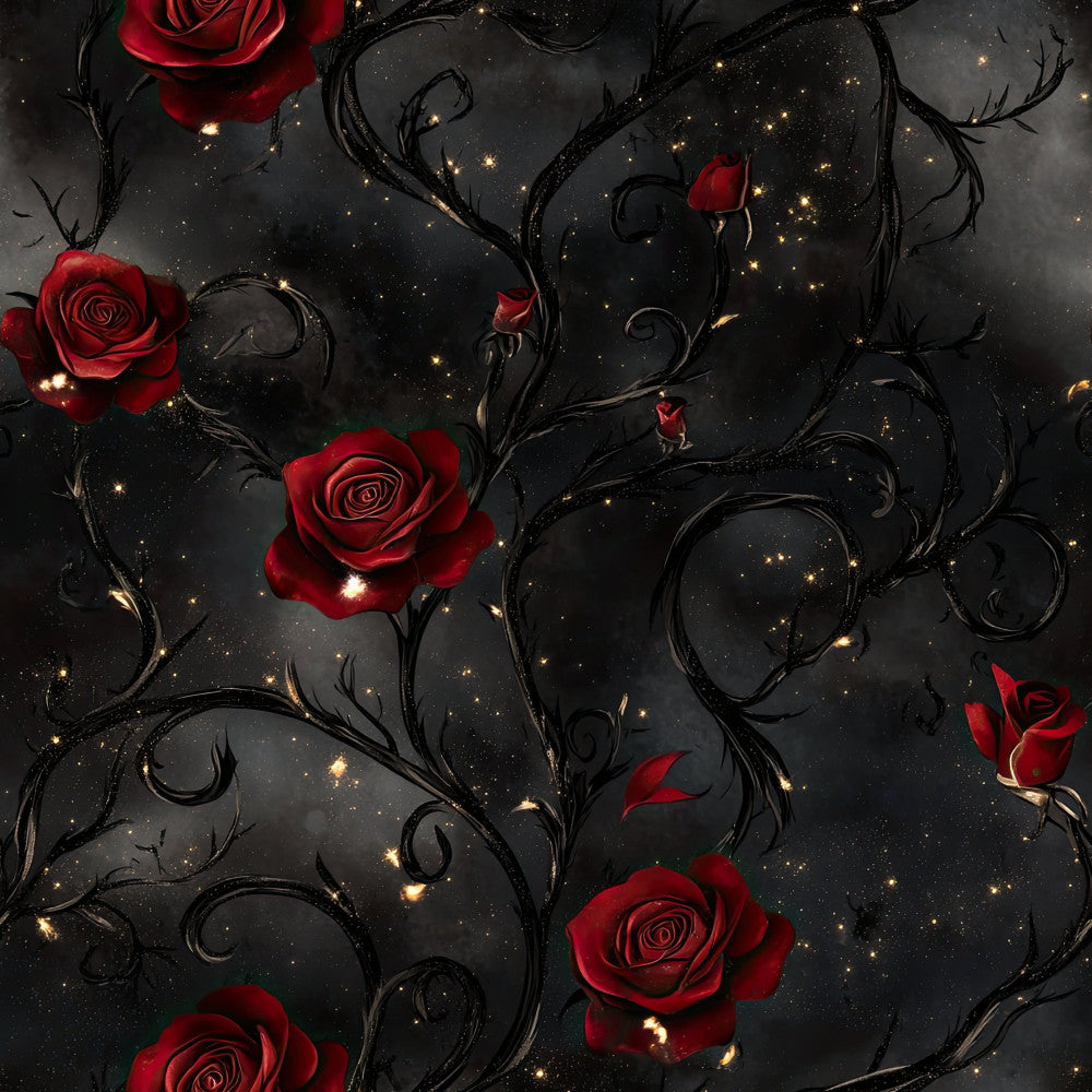 deep red roses, dark red flowers, black background, gold sparkles, golden lights, celestial pattern, starry night, romantic design, elegant style, luxury aesthetic, dark floral, red and black, glowing lights, ornate vines, scrolling branches, gothic romance, dramatic flowers, sophisticated pattern, evening elegance, Valentine's day, romance theme, luxe decor, deep jewel tones, rich colors, decorative florals, whimsical lights, dark glamour, premium design