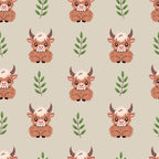cute baby highland cows, brown furry cattle, green botanical leaves, beige cream background, kawaii anime style, repeating pattern,, fabric panel, adorable farm animals, pastel earth tones, whimsical illustration, soft neutral colors, bovine characters, rustic countryside, children's fabric, nursery theme, charming animal motifs, cozy pastoral design