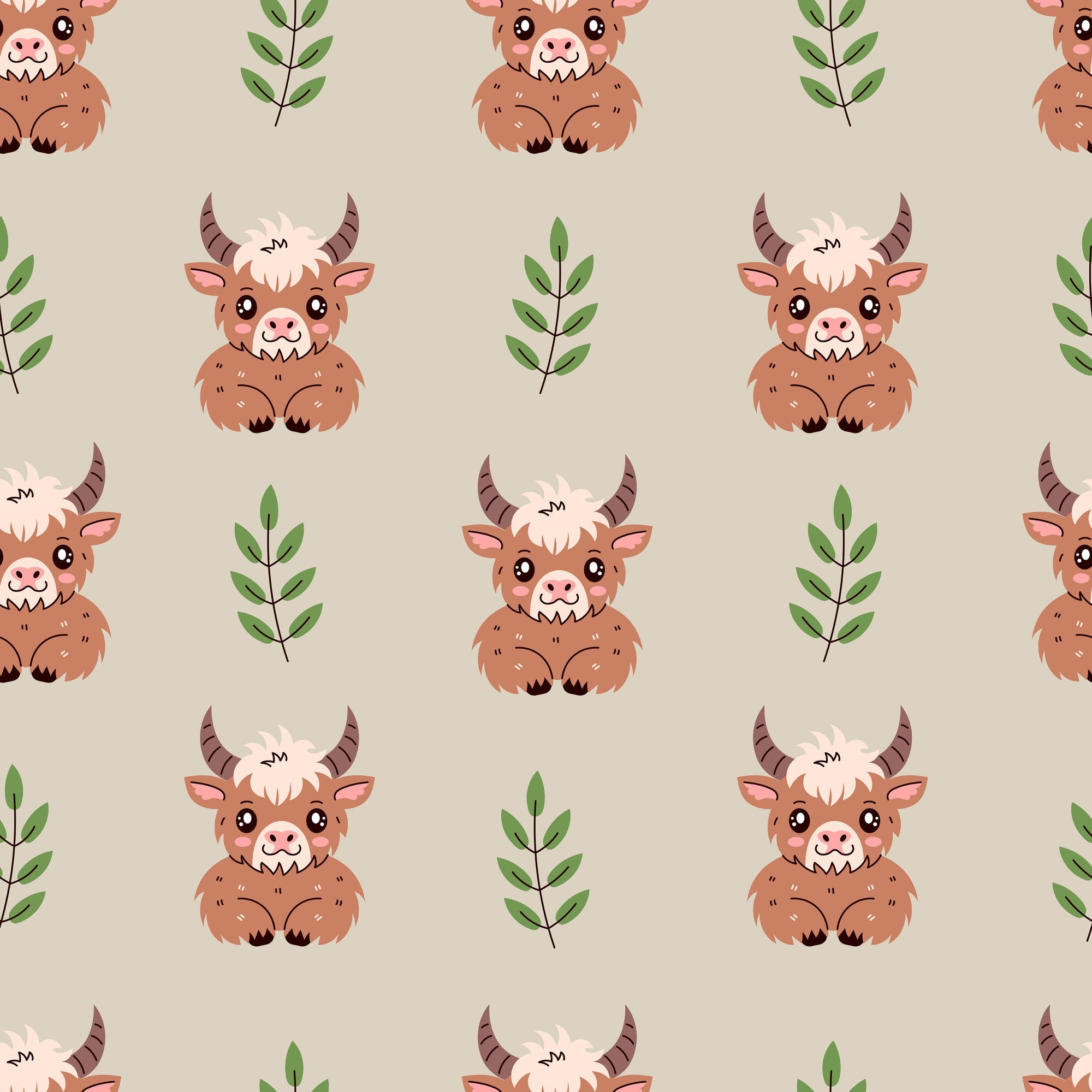 cute baby highland cows, brown furry cattle, green botanical leaves, beige cream background, kawaii anime style, repeating pattern,, fabric panel, adorable farm animals, pastel earth tones, whimsical illustration, soft neutral colors, bovine characters, rustic countryside, children's fabric, nursery theme, charming animal motifs, cozy pastoral design