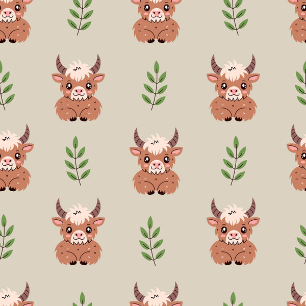 cute baby highland cows, brown furry cattle, green botanical leaves, beige cream background, kawaii anime style, repeating pattern,, fabric panel, adorable farm animals, pastel earth tones, whimsical illustration, soft neutral colors, bovine characters, rustic countryside, children's fabric, nursery theme, charming animal motifs, cozy pastoral design