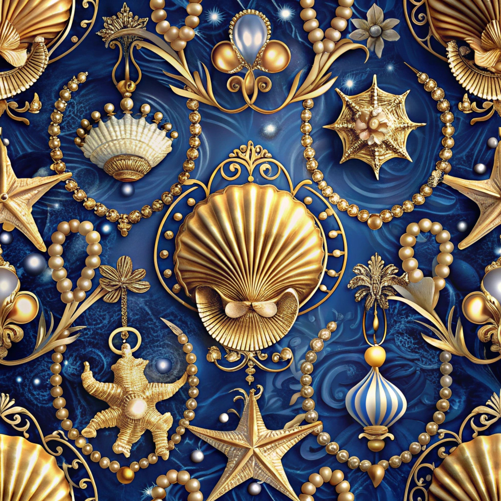 navy blue, royal blue, golden yellow, bronze, cream, pearl beads, seashells, starfish, scallop shells, sea stars, ocean treasures, marine life, nautical motifs, ornate baroque, decorative swirls, luxury pattern, shimmering pearls, coastal theme,, fabric panel, elegant maritime, jewel tones, ornamental design, sea creatures, sophisticated oceanic