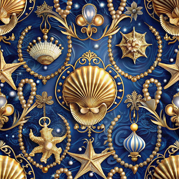navy blue, royal blue, golden yellow, bronze, cream, pearl beads, seashells, starfish, scallop shells, sea stars, ocean treasures, marine life, nautical motifs, ornate baroque, decorative swirls, luxury pattern, shimmering pearls, coastal theme,, fabric panel, elegant maritime, jewel tones, ornamental design, sea creatures, sophisticated oceanic