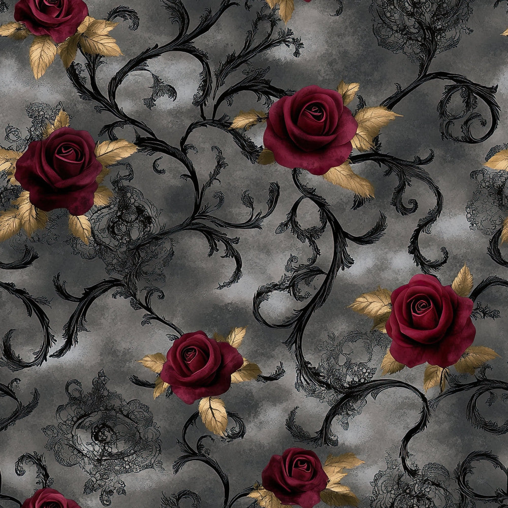 burgundy roses, deep red roses, gold leaves, black vines, ornate scrollwork, floral pattern, vintage floral, elegant style, traditional design, gothic romance, dark romantic, gray background, charcoal gray, ornamental flourishes, botanical motif, luxury style, damask-inspired, victorian style, rose motif, sophisticated pattern, classic elegance, moody aesthetic, dramatic design, jewel tones, autumn aesthetic, winter elegance, minky blanket, plush blanket, home decor