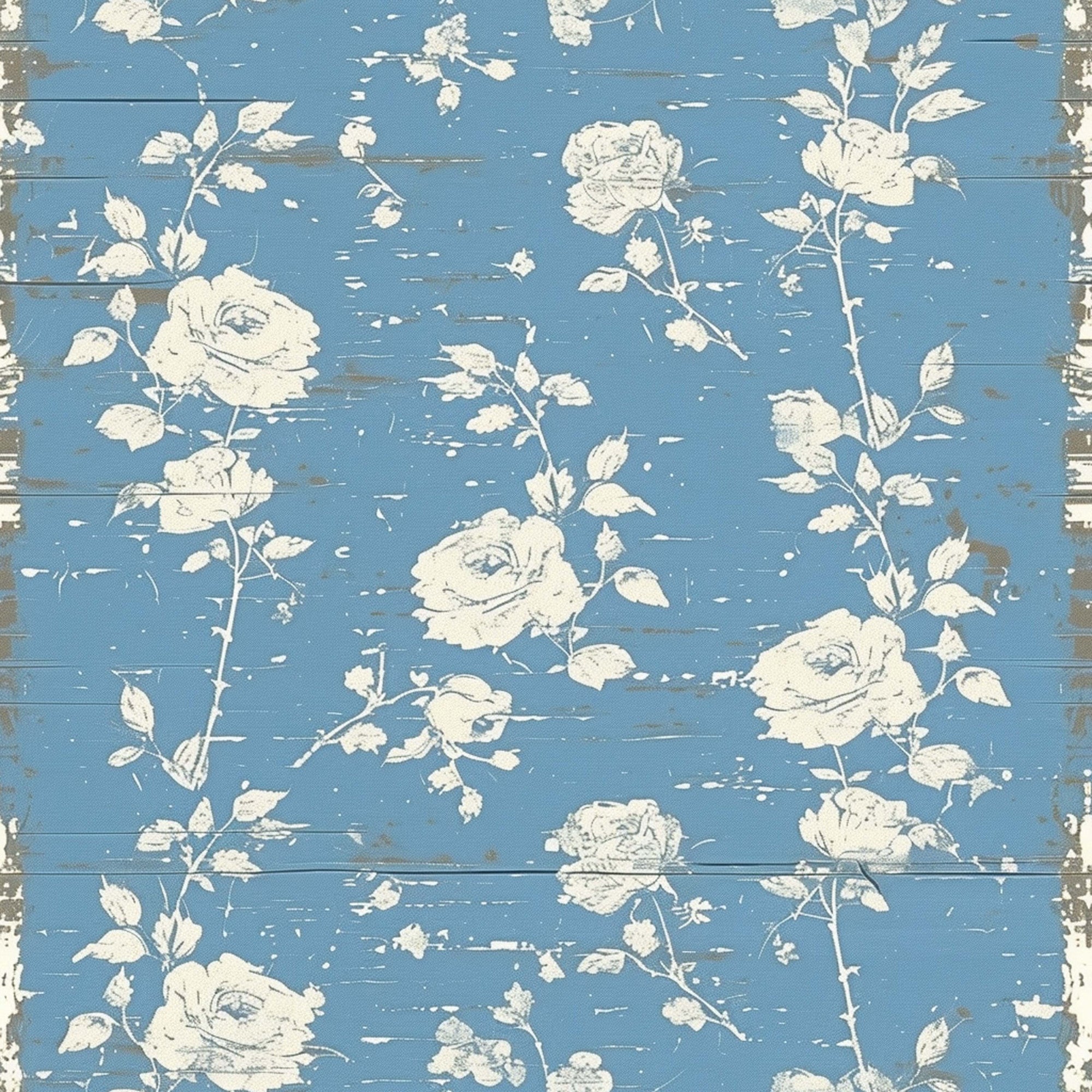 powder blue, cream white, vintage roses, floral pattern, distressed wood, weathered planks, shabby chic, romantic blooms, cottage style,, fabric panel, farmhouse aesthetic, botanical design, aged finish, rustic background, rose motifs, country charm, worn texture, vintage style