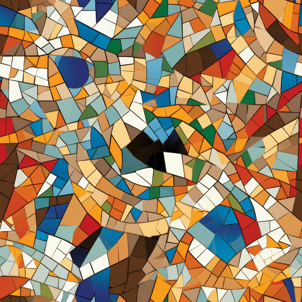 mosaic pattern, stained glass, geometric shapes, multicolored tiles, orange, blue, navy, red, green, brown, white, beige, abstract art, kaleidoscope design, fragmented pieces,, fabric panel, contemporary style, vibrant colors, tessellation
