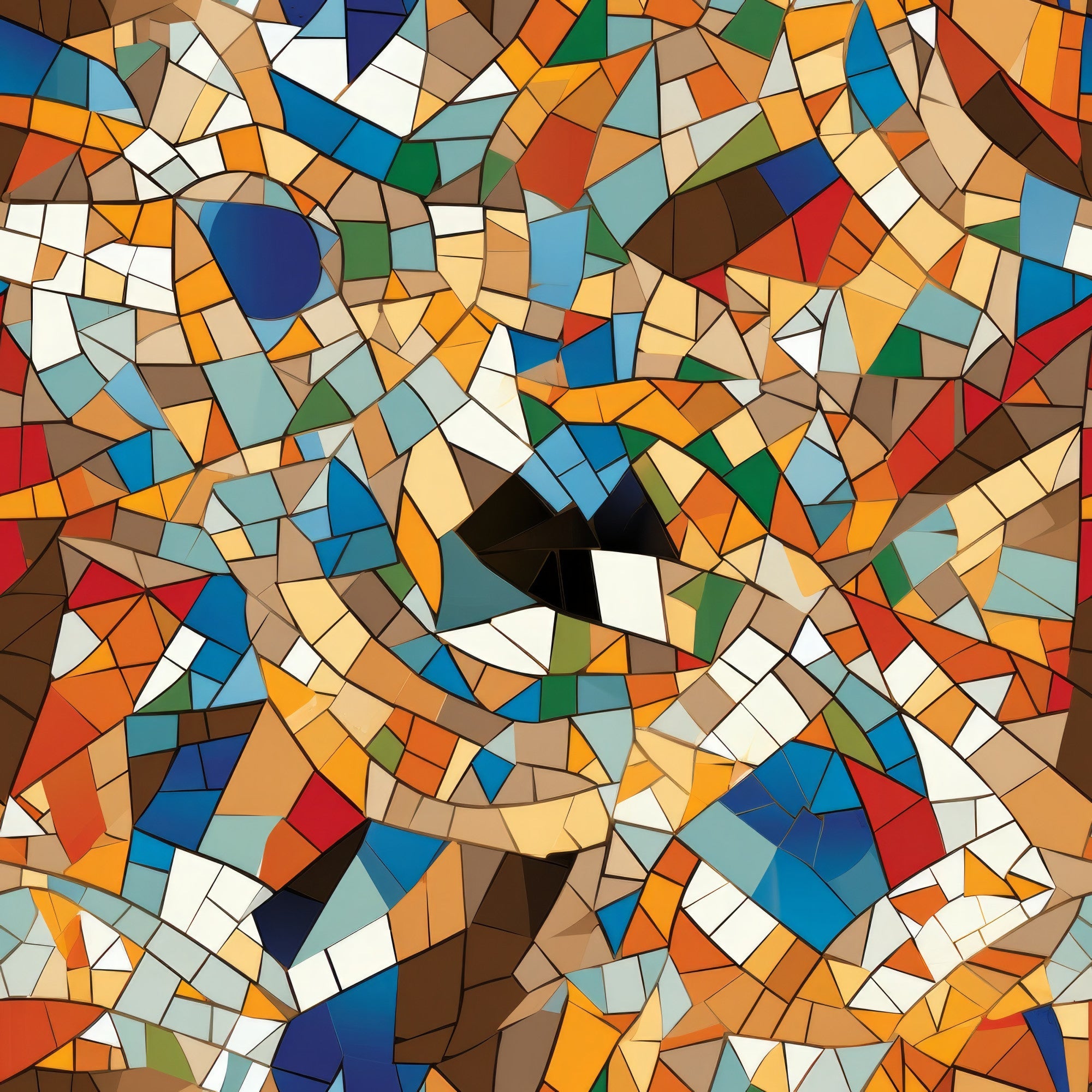 mosaic pattern, stained glass, geometric shapes, multicolored tiles, orange, blue, navy, red, green, brown, white, beige, abstract art, kaleidoscope design, fragmented pieces,, fabric panel, contemporary style, vibrant colors, tessellation