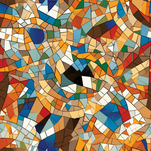 mosaic pattern, stained glass, geometric shapes, multicolored tiles, orange, blue, navy, red, green, brown, white, beige, abstract art, kaleidoscope design, fragmented pieces,, fabric panel, contemporary style, vibrant colors, tessellation