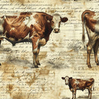 brown, cream, sepia, vintage script, cattle, cows, farm animals, pastoral scene, aged paper, handwriting overlay, rustic, countryside, livestock, bovine, weathered texture,, fabric panel, farmhouse style, agricultural theme, antique illustration