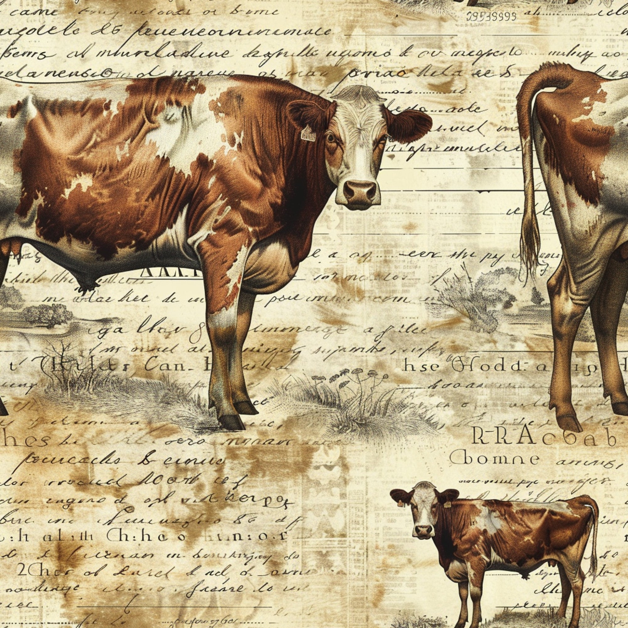brown, cream, sepia, vintage script, cattle, cows, farm animals, pastoral scene, aged paper, handwriting overlay, rustic, countryside, livestock, bovine, weathered texture,, fabric panel, farmhouse style, agricultural theme, antique illustration