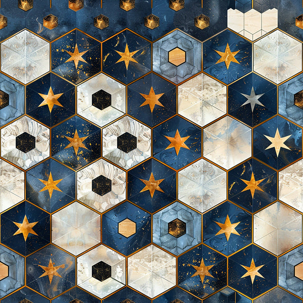 navy blue, cream white, gold stars, hexagonal tiles, geometric pattern, marble texture, celestial motif, baroque style,, fabric panel, starbursts, honeycomb design, luxury aesthetic, deep blue, beige tones, ornate pattern, decorative tiles, cosmic theme, elegant design, metallic accents