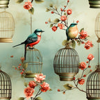 vintage birdcages, coral flowers, teal birds, peach blossoms, ornate cages, floral branches, songbirds, botanical design, soft green background, romantic style,, fabric panel, delicate artwork, bird motifs, hanging cages, cherry blossoms, whimsical pattern, nature theme, pastel palette