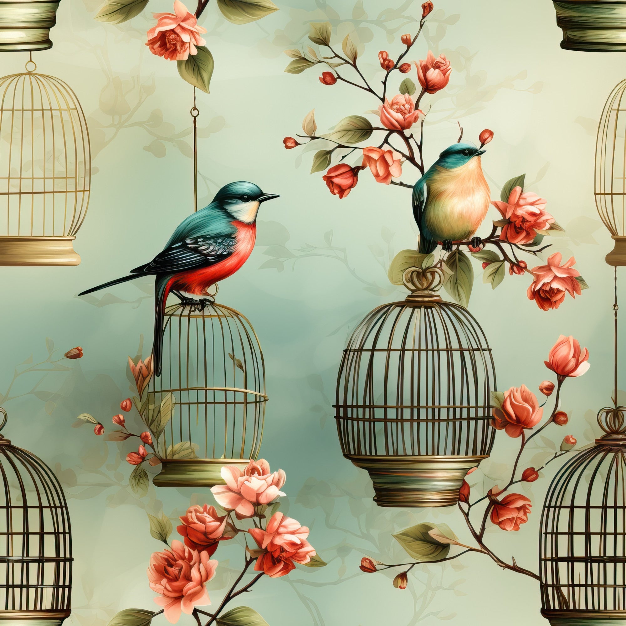 vintage birdcages, coral flowers, teal birds, peach blossoms, ornate cages, floral branches, songbirds, botanical design, soft green background, romantic style,, fabric panel, delicate artwork, bird motifs, hanging cages, cherry blossoms, whimsical pattern, nature theme, pastel palette