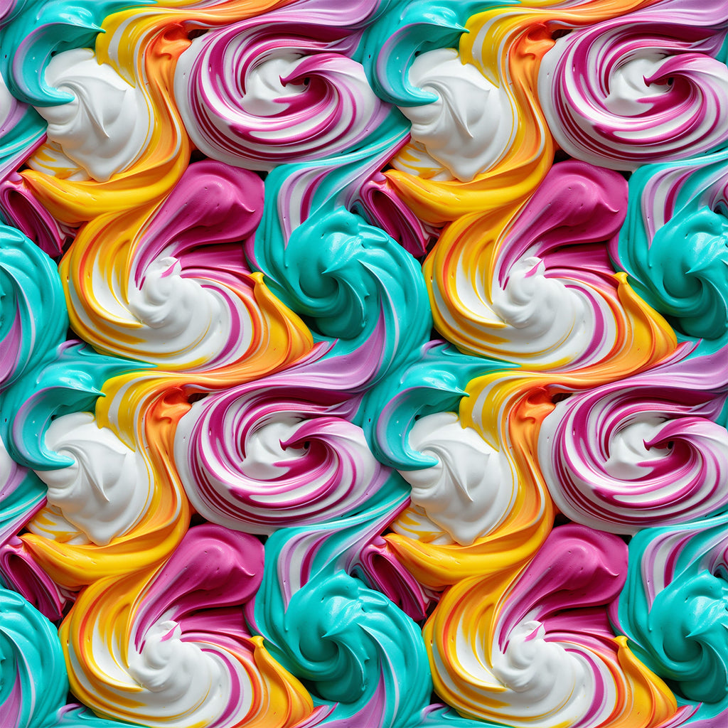swirled frosting, colorful icing, pink frosting, turquoise frosting, yellow frosting, white frosting, orange frosting, dessert pattern, cake decorating, sweet treats, candy colors, spiral swirls, bakery theme,, fabric panel, vibrant colors, food motif, confectionery design, decorative frosting, pastry art