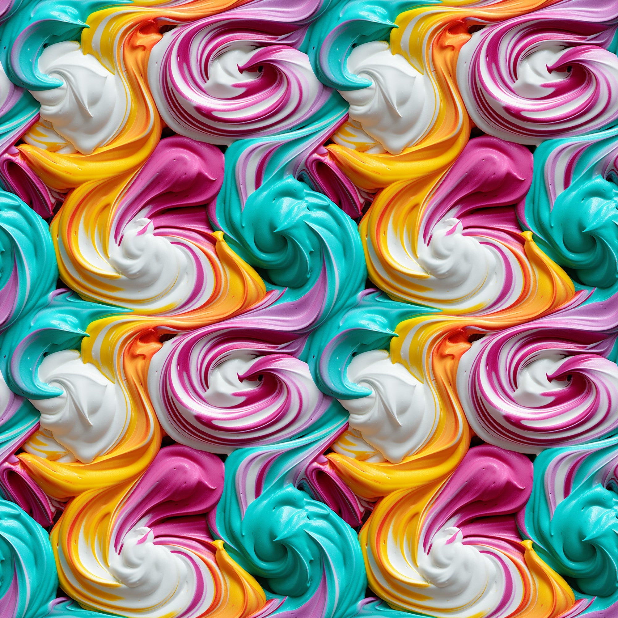 swirled frosting, colorful icing, pink frosting, turquoise frosting, yellow frosting, white frosting, orange frosting, dessert pattern, cake decorating, sweet treats, candy colors, spiral swirls, bakery theme,, fabric panel, vibrant colors, food motif, confectionery design, decorative frosting, pastry art