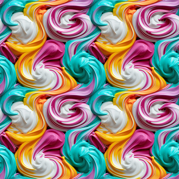 swirled frosting, colorful icing, pink frosting, turquoise frosting, yellow frosting, white frosting, orange frosting, dessert pattern, cake decorating, sweet treats, candy colors, spiral swirls, bakery theme,, fabric panel, vibrant colors, food motif, confectionery design, decorative frosting, pastry art