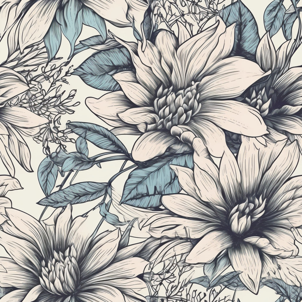 cream floral, teal blue, botanical, nature, elegant, sketch style, line art, delicate flowers, large scale floral, soft feminine, vintage inspired, garden theme, spring flowers, summer florals, traditional, romantic, botanical illustration, muted tones, neutral palette, decorative leaves, detailed petals, refined style, classic floral, botanical print, light background, artistic, natural elements, timeless design