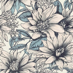 cream floral, teal blue, botanical, nature, elegant, sketch style, line art, delicate flowers, large scale floral, soft feminine, vintage inspired, garden theme, spring flowers, summer florals, traditional, romantic, botanical illustration, muted tones, neutral palette, decorative leaves, detailed petals, refined style, classic floral, botanical print, light background, artistic, natural elements, timeless design