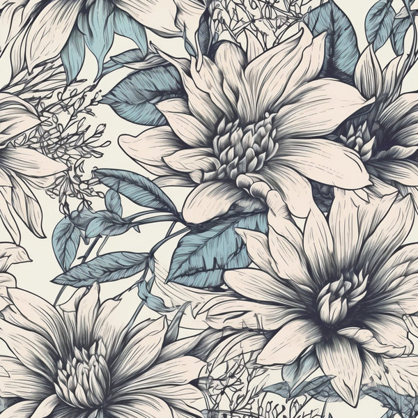 cream floral, teal blue, botanical, nature, elegant, sketch style, line art, delicate flowers, large scale floral, soft feminine, vintage inspired, garden theme, spring flowers, summer florals, traditional, romantic, botanical illustration, muted tones, neutral palette, decorative leaves, detailed petals, refined style, classic floral, botanical print, light background, artistic, natural elements, timeless design