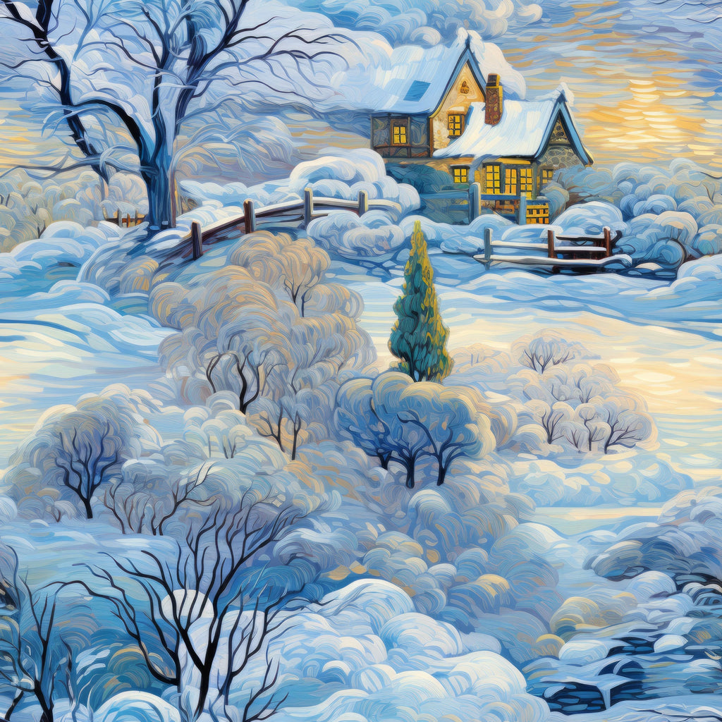 winter scene, snow covered landscape, cozy cottage, warm yellow windows, bare trees, wooden fence, blue tones, golden sunset,, fabric panel, peaceful countryside, snowy hills, evergreen tree, rustic house, twilight sky, serene atmosphere, winter wonderland, painted style, pastoral scene