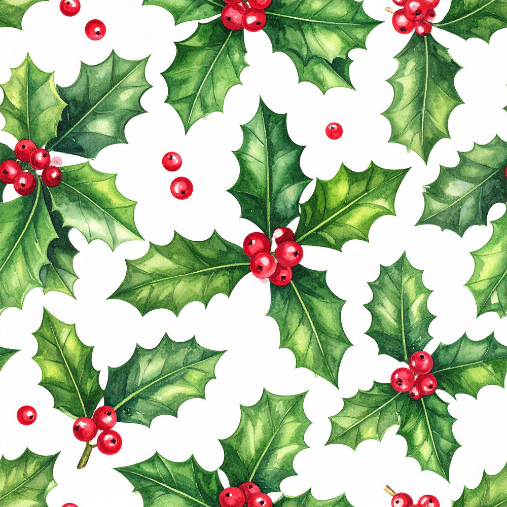 holly leaves, red berries, emerald green, bright red, christmas, holiday, festive, nature, botanical, traditional, whimsical, seasonal, winter, decorative, floral, berries and leaves, classic, timeless, vintage holiday, festive design, red and green, evergreen, winter celebration, cheerful, decorative pattern, natural elements, holiday themed, seasonal decoration, traditional christmas