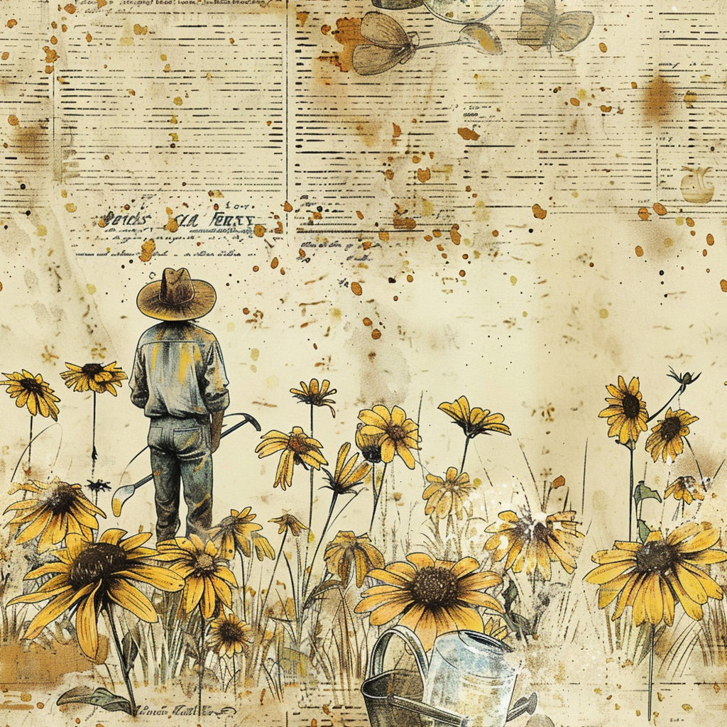 cream background, yellow flowers, brown stains, vintage gardener, wide brimmed hat, overalls, watering can, sunflowers, daisies, wildflowers, musical notes, aged paper, rustic style, farming theme, botanical illustration,, fabric panel, weathered texture, country living, floral meadow