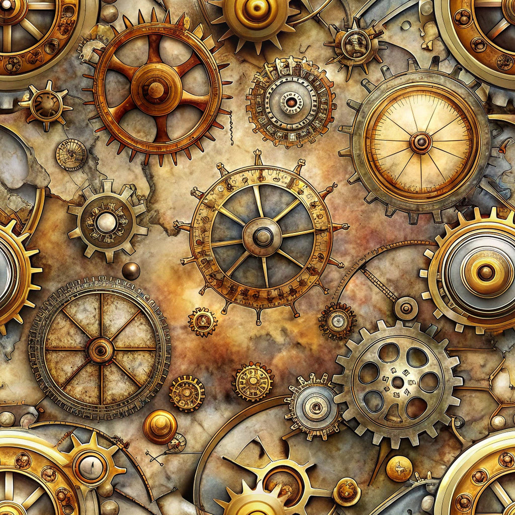 steampunk, mechanical gears, brass, bronze, copper, gold tones, vintage machinery, clockwork, industrial design, cogs, wheels, metallic finish, aged patina, intricate details,, fabric panel, antique style, mechanical elements, golden brown, weathered texture