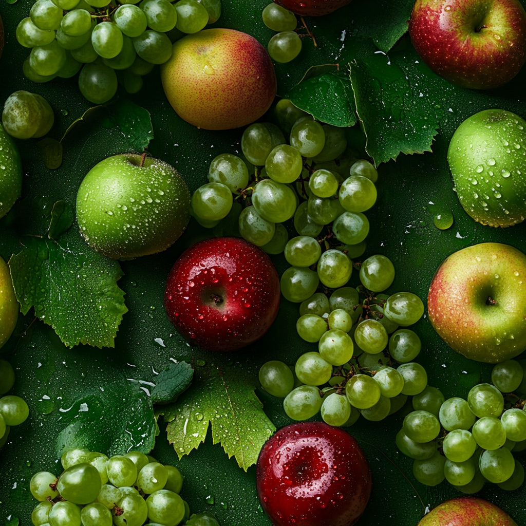 fresh fruits, green grapes, red apples, green apples, lime green, deep red, golden yellow, water droplets, realistic photography, fruit pattern,, fabric panel, fresh produce, orchard fruits, vine grapes, crisp apples, nature inspired, fruit medley, harvest theme, botanical design