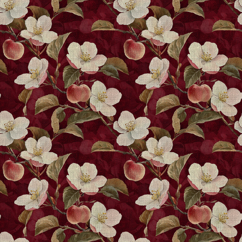 burgundy red, cream white, dusty rose, olive green, gold accents, floral, botanical, apple blossoms, fruit, nature, vintage, traditional, elegant, romantic, garden, orchard, spring, summer, classic, botanical illustration, blossoms, leaves, branches, fruit motif, heirloom, cottage core, timeless, home decor, upholstery