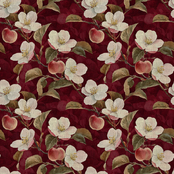 burgundy red, cream white, dusty rose, olive green, gold accents, floral, botanical, apple blossoms, fruit, nature, vintage, traditional, elegant, romantic, garden, orchard, spring, summer, classic, botanical illustration, blossoms, leaves, branches, fruit motif, heirloom, cottage core, timeless, home decor, upholstery