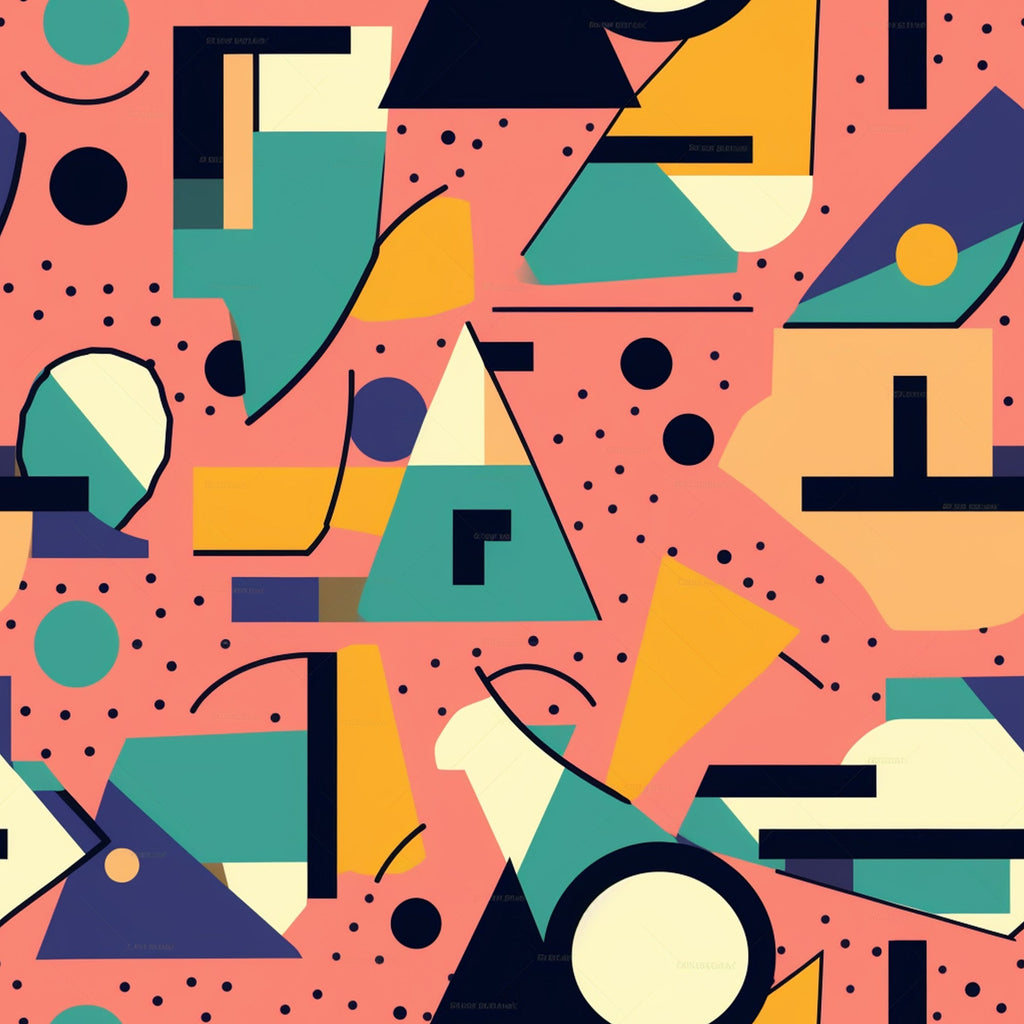 coral pink, teal green, mustard yellow, navy blue, cream white, geometric shapes, abstract pattern, retro design, groovy style, boho aesthetic, hippie vibes, triangles, circles, dots, modern art, psychedelic feel,, fabric panel, 1970s inspired, funky pattern