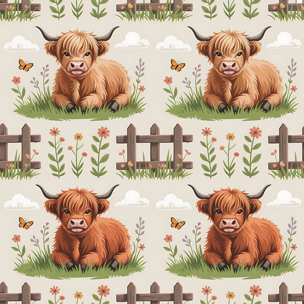 cartoon highland cows, brown fur, orange butterflies, green grass, wooden fence, pastoral scene,, fabric panel, cute animals, farm theme, country living, natural colors, repeating pattern, children's fabric, crafting material, soft illustration, meadow flowers, rural landscape, whimsical design