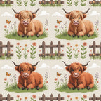 cartoon highland cows, brown fur, orange butterflies, green grass, wooden fence, pastoral scene,, fabric panel, cute animals, farm theme, country living, natural colors, repeating pattern, children's fabric, crafting material, soft illustration, meadow flowers, rural landscape, whimsical design