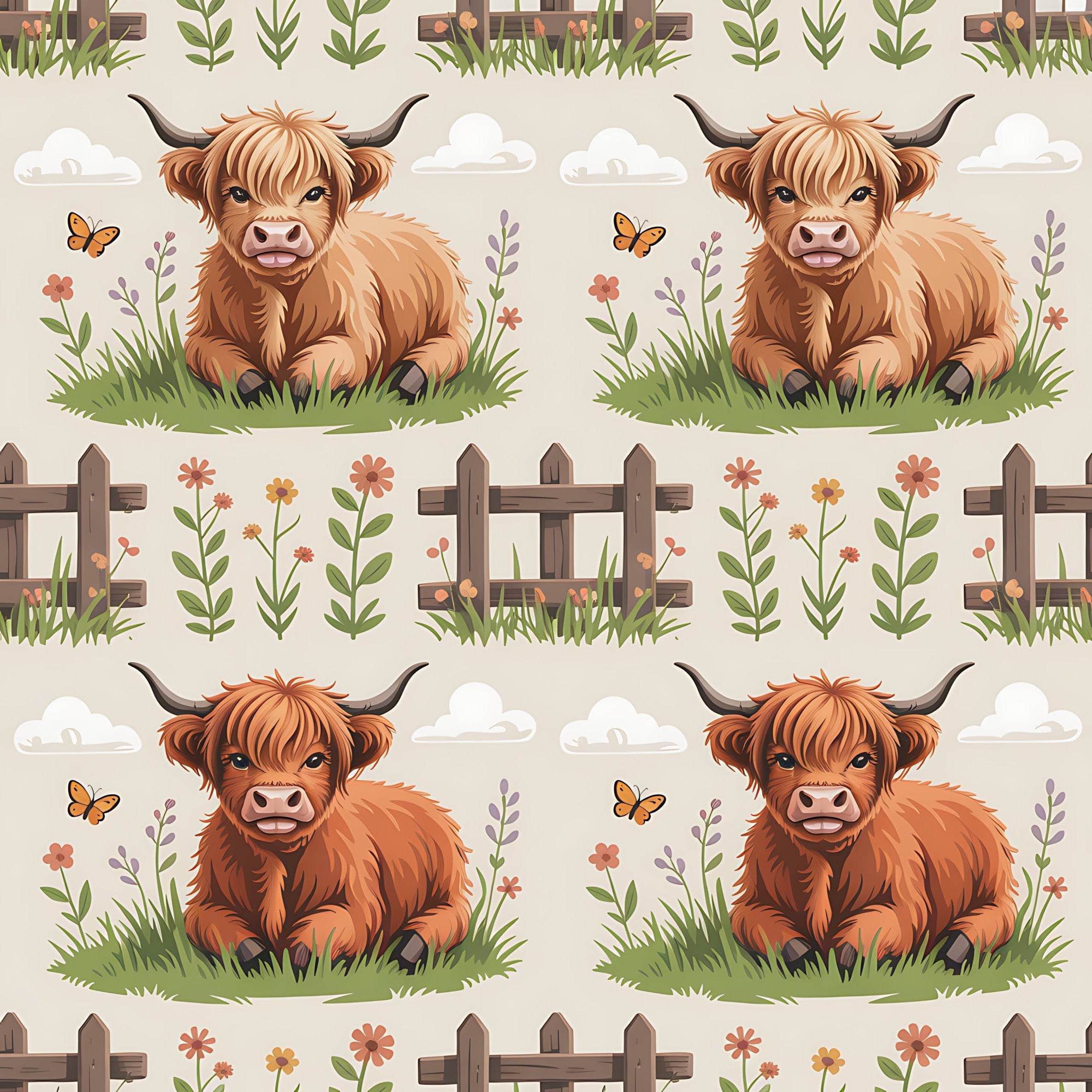 cartoon highland cows, brown fur, orange butterflies, green grass, wooden fence, pastoral scene,, fabric panel, cute animals, farm theme, country living, natural colors, repeating pattern, children's fabric, crafting material, soft illustration, meadow flowers, rural landscape, whimsical design