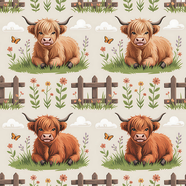 cartoon highland cows, brown fur, orange butterflies, green grass, wooden fence, pastoral scene,, fabric panel, cute animals, farm theme, country living, natural colors, repeating pattern, children's fabric, crafting material, soft illustration, meadow flowers, rural landscape, whimsical design