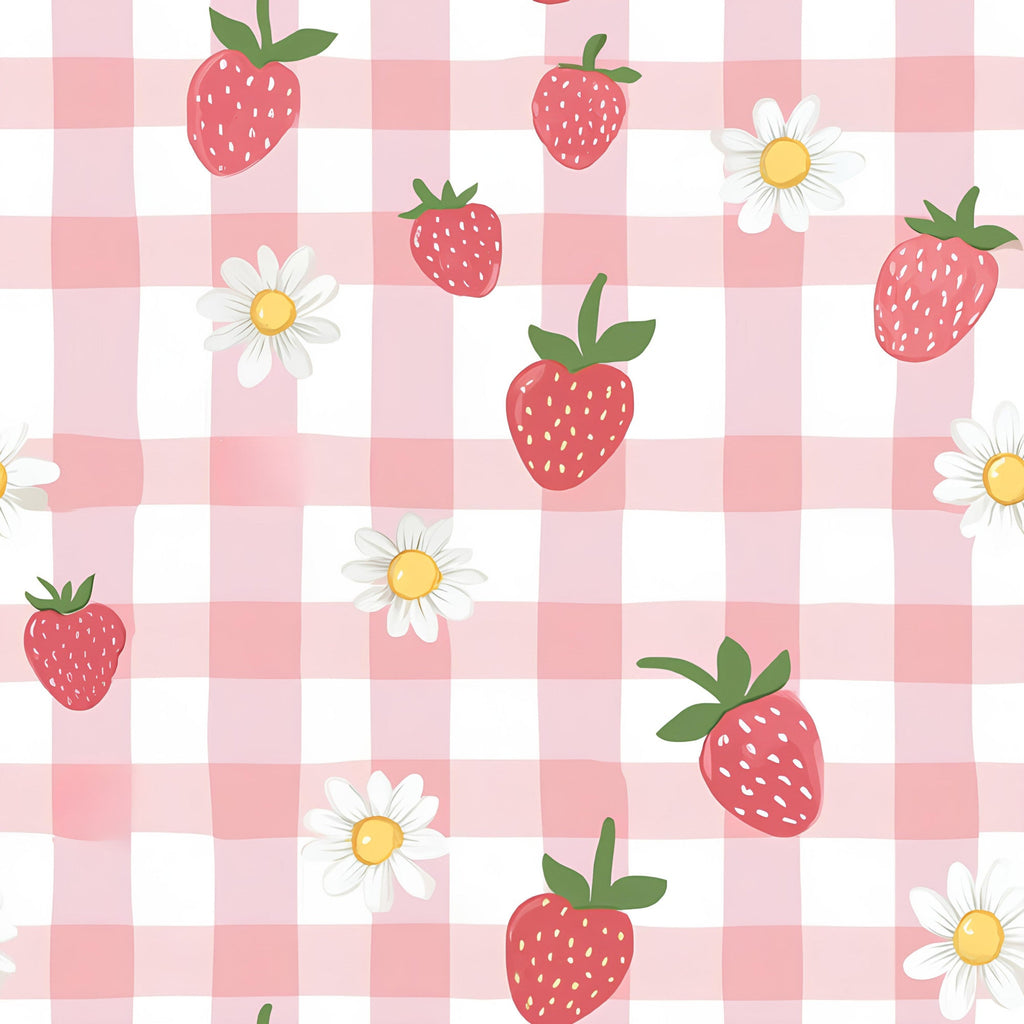 pink, white, coral, gingham, checkered pattern, strawberries, daisies, floral motifs, fruit design, cottage core, sweet aesthetic,, fabric panel, spring theme, feminine style, botanical elements, cheerful mood, pastel colors, summer vibes