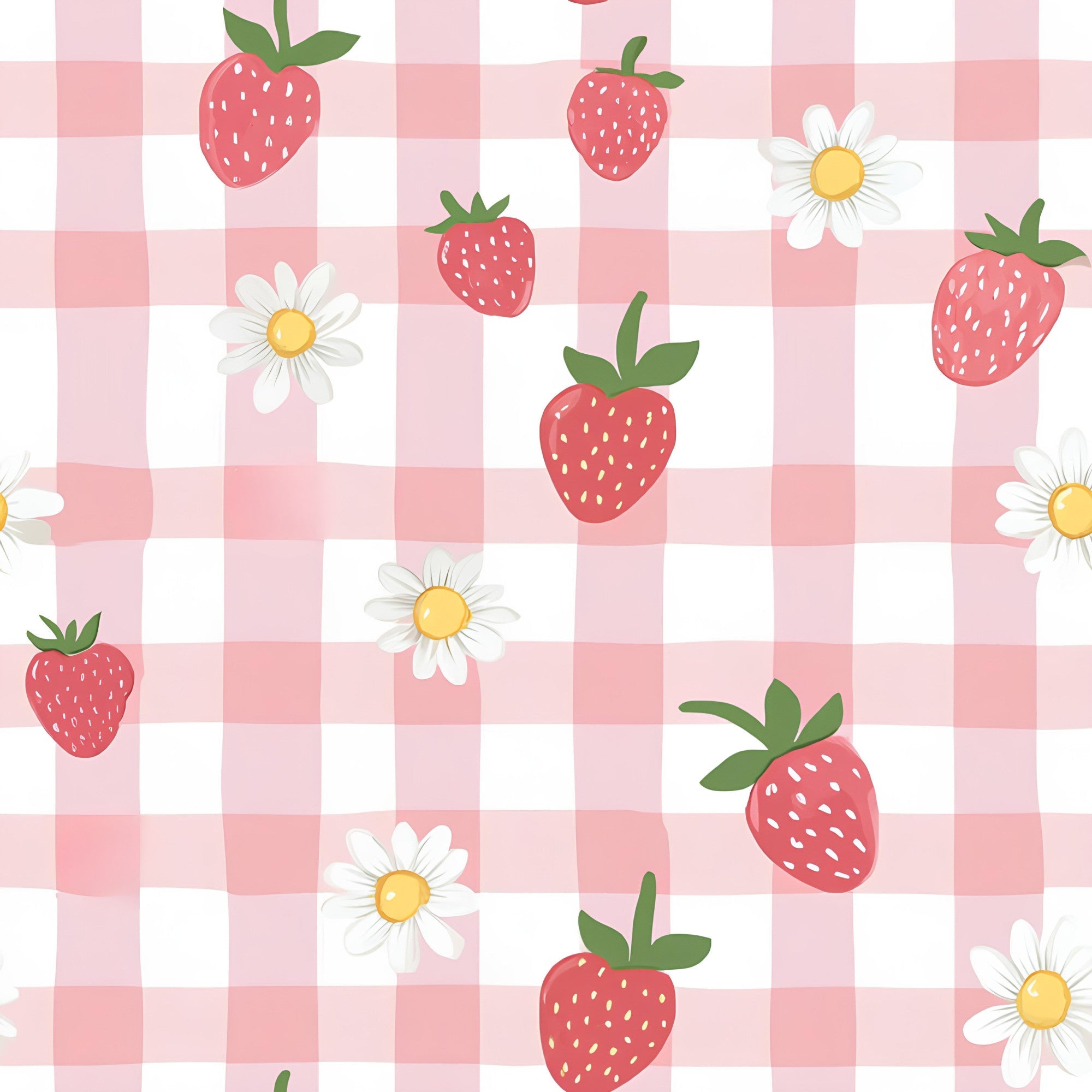 pink, white, coral, gingham, checkered pattern, strawberries, daisies, floral motifs, fruit design, cottage core, sweet aesthetic,, fabric panel, spring theme, feminine style, botanical elements, cheerful mood, pastel colors, summer vibes
