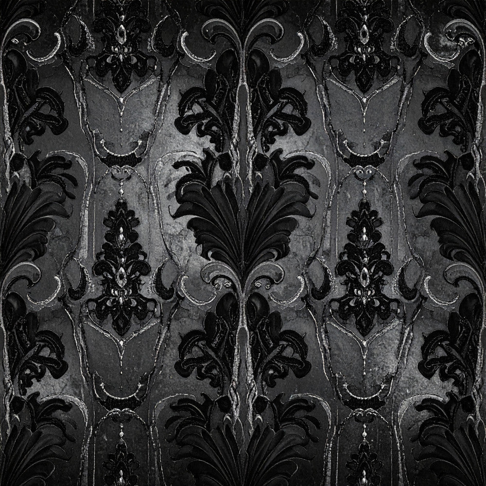 black, charcoal gray, damask, ornamental, baroque, victorian, elegant, traditional, classic, formal, ornate, scrollwork, floral, vintage, sophisticated, gothic, decorative, luxury, detailed pattern, home decor, upholstery, curtains, upscale, timeless, monochromatic, intricate design, interior design, home furnishings