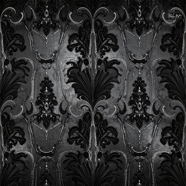 black, charcoal gray, damask, ornamental, baroque, victorian, elegant, traditional, classic, formal, ornate, scrollwork, floral, vintage, sophisticated, gothic, decorative, luxury, detailed pattern, home decor, upholstery, curtains, upscale, timeless, monochromatic, intricate design, interior design, home furnishings