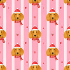 christmas dogs, golden retriever, holiday puppy, santa hat, red and white striped, candy cane stripe, pink and white, heart print, festive, whimsical, cute dogs, pet themed, christmas animals, holiday themed, seasonal, kids design, playroom decor, nursery, baby shower, sweet style, cheerful, striped pattern, love hearts, red scarf, winter holiday, dog lover gift