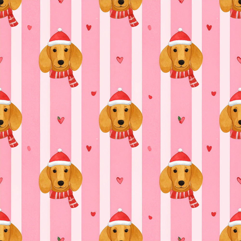 christmas dogs, golden retriever, holiday puppy, santa hat, red and white striped, candy cane stripe, pink and white, heart print, festive, whimsical, cute dogs, pet themed, christmas animals, holiday themed, seasonal, kids design, playroom decor, nursery, baby shower, sweet style, cheerful, striped pattern, love hearts, red scarf, winter holiday, dog lover gift