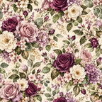 burgundy roses, dusty rose, cream, ivory, mauve, plum, deep purple, sage green, floral, vintage floral, romantic, elegant, botanical, garden flowers, roses, small florals, cottage core, traditional, classic, spring, summer, nature-inspired, timeless, pretty, feminine, delicate, multi-colored florals