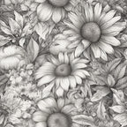 grayscale, black and white, monochrome, charcoal gray, light gray, floral, daisy, botanical, nature, garden flowers, detailed line work, sketch style, vintage botanical, elegant, intricate, delicate, spring, summer, timeless, classic, romantic, peaceful, calming, nursery, baby room, children's decor, whimsical florals, naturalistic