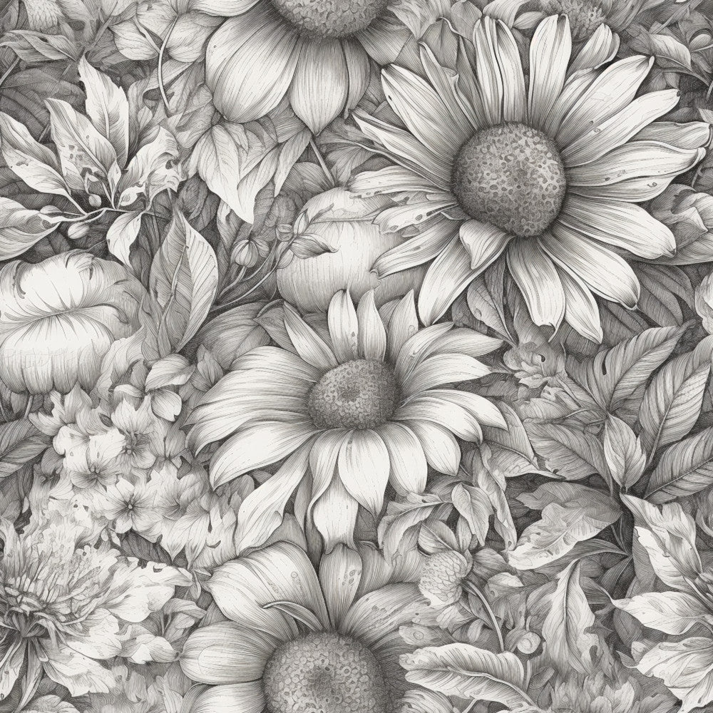 grayscale, black and white, monochrome, charcoal gray, light gray, floral, daisy, botanical, nature, garden flowers, detailed line work, sketch style, vintage botanical, elegant, intricate, delicate, spring, summer, timeless, classic, romantic, peaceful, calming, nursery, baby room, children's decor, whimsical florals, naturalistic